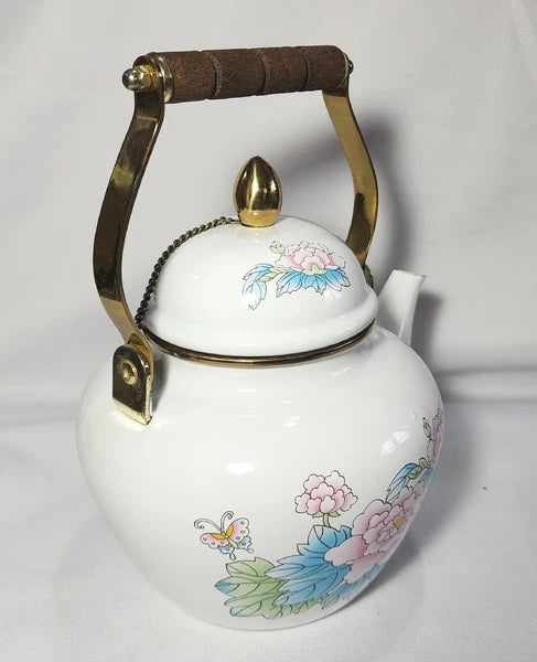 Vtg 1988 Tea Kettle Pot Enamel White Poppies Flowers Brass National Housewares