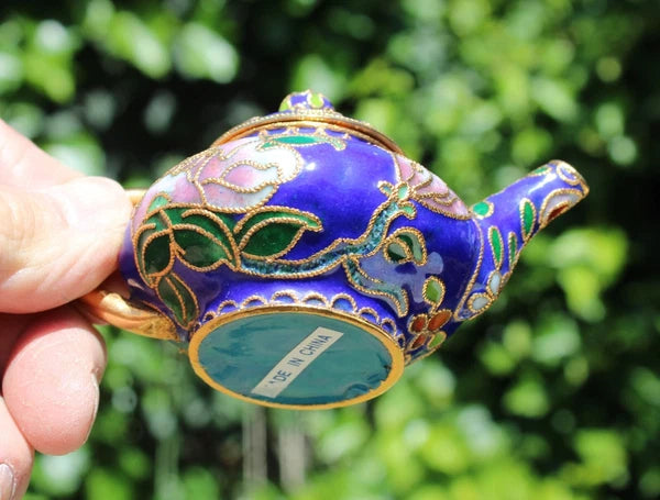 Vintage Cloisonne Blue Floral Enamel on Metal Miniature Decorative Teapot