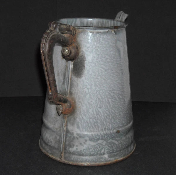 Early Grey Graniteware Teapot Enamel Ware - Primitive Elaborate Metal Handle