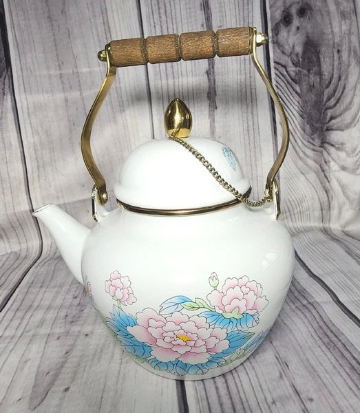 Vtg 1988 Tea Kettle Pot Enamel White Poppies Flowers Brass National Housewares