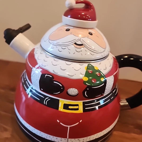 Vintage Santa Claus Enamel Whistling Tea Pot Kettle Holiday 3 Quart Christmas