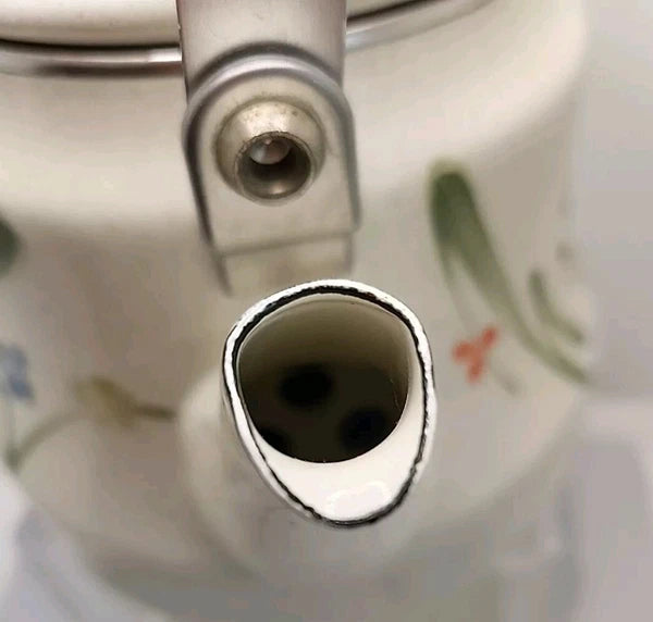 Vintage Tea Kettle, Floral Enamel on Steel Tea Kettle