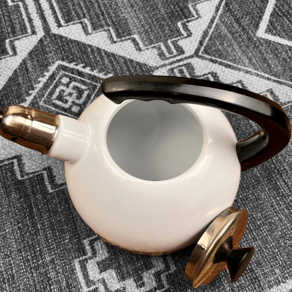 70's Design White Enamel Metal Whistling Tea Coffee Kettle Paisley Brown White