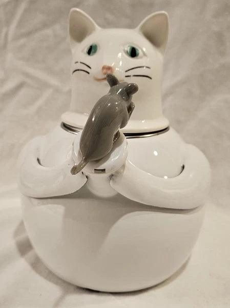 Vintage 1980s Copco White Cat and Gray Mouse Enamelware 2 ½ QT Tea Kettle