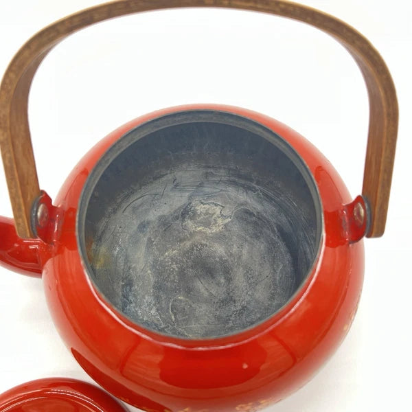 Boho Style VTG Enamel Tea Kettle Red Orange w Daisies & Teak Handle *DECOR ONLY*