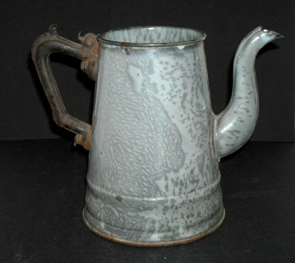 Early Grey Graniteware Teapot Enamel Ware - Primitive Elaborate Metal Handle