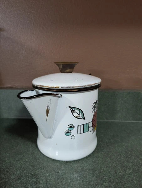 GEORGES BRIARD MCM ENAMELWARE TEA POT WHITE PINEAPPLE LEAVES STRAWBERRY BLACK