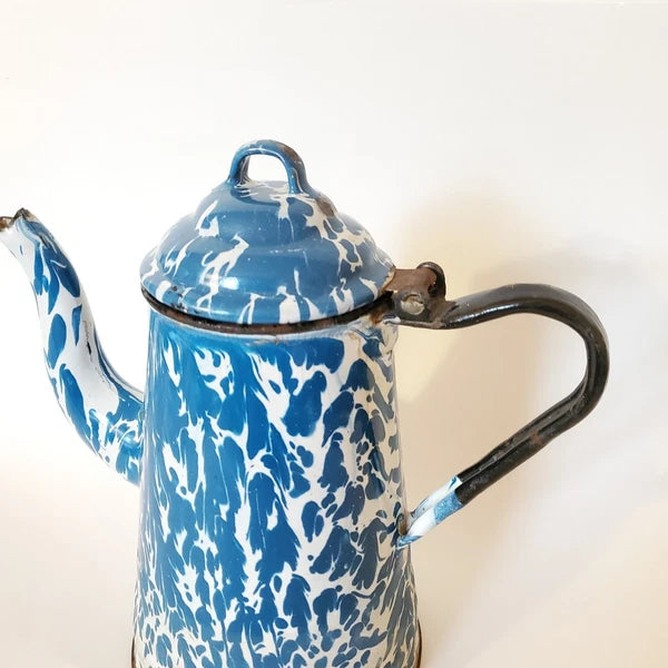 Antique Enamelware Coffee Pot Hinged Lid Seamless Original Turquoise Swirl 9"