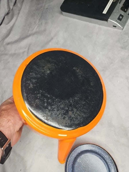 Vintage 70s Orange Enamel Tea Kettle Michael Lax Copco Teak Handle