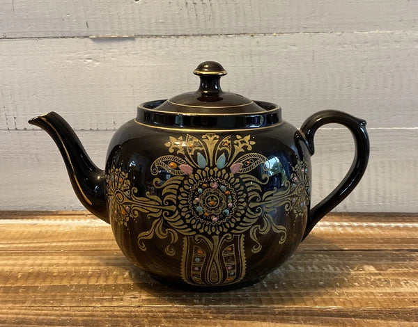 Vintage Gibson & Sons Marina Teapot w/ Lid Black Gold Enamel Burslem England