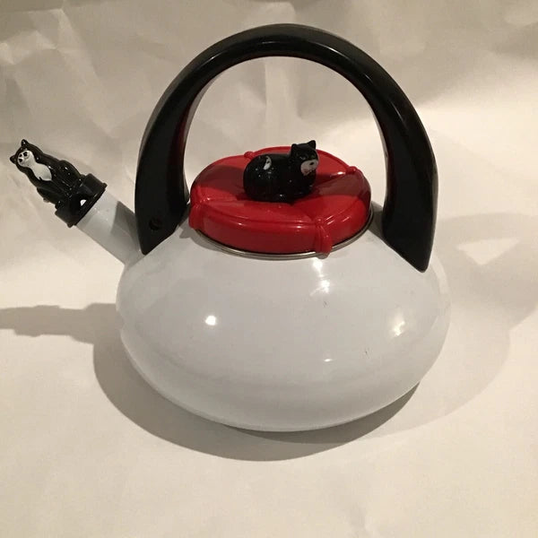 Red And White Enamel Kitty Cat Tea Kettle W/ Small Repair - Discounted