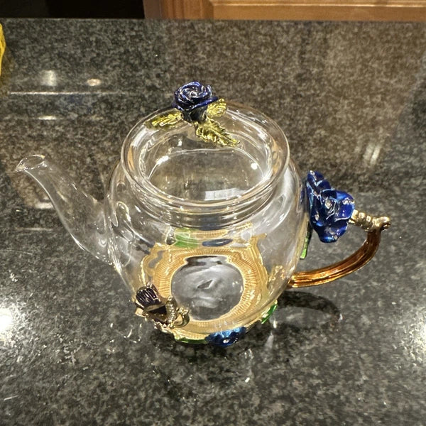Teffania Teapot Handcrafted Crystal Glass W Blue Roses And Rhinestons 12 OZ