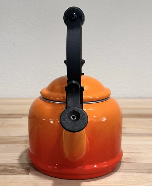VTG Le Creuset Orange Flame Enamel Whistling Demi Kettle Teapot 1.25 Qt Pls READ