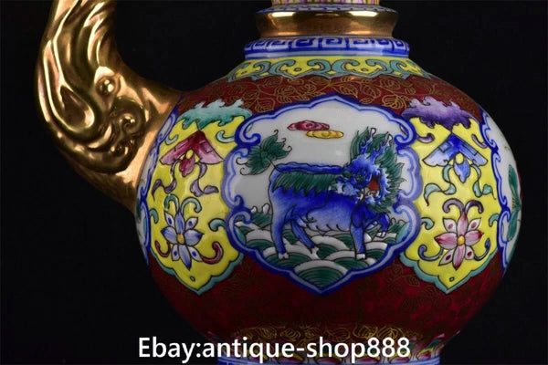 Qianlong Colour Enamel Porcelain Gilt Kylin Qilin Chilin Dragon Beast Kettle Pot