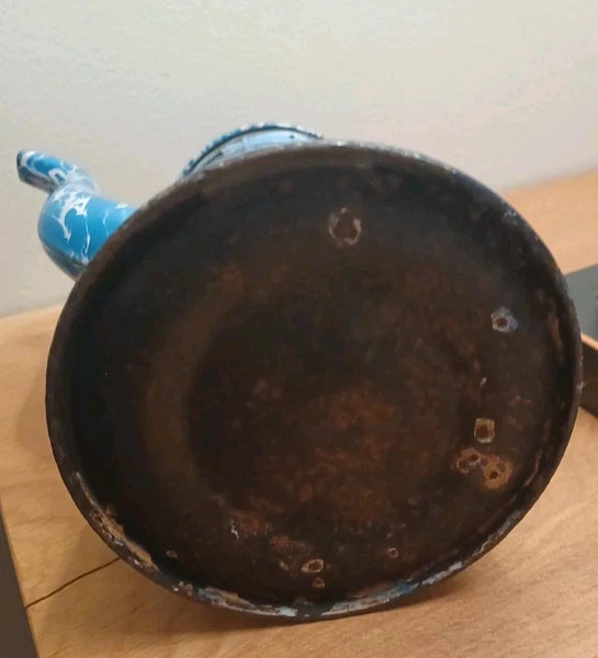 Antique Blue White Swirl Graniteware Enamelware Gooseneck Coffee Tea Pot .