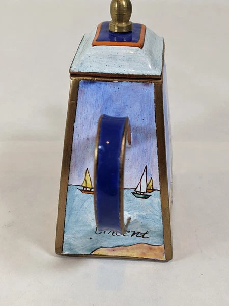 Kelvin Chen Handpainted Miniature Enamel Tea Pot brass boat scene