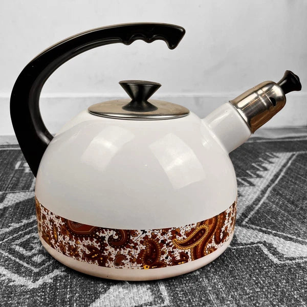 70's Design White Enamel Metal Whistling Tea Coffee Kettle Paisley Brown White
