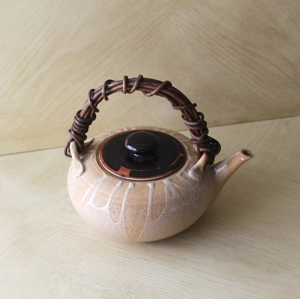 Vtg Asian Chinese Japanese Ceramic Clay Enameled Flat Teapot Kettle Raku Ware?