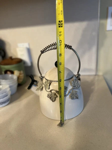 Enamel Whistling Tea Kettle Via Ancona White Ivory, Green Knob Ivy Garland