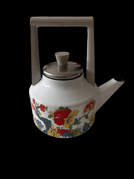 Vintage Retro Mod Bright Floral Enamel Tea Kettle MCM Teapot Flowers