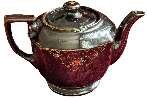 Vtg Japanese Redware Teapot Brown Betty Moriage Enamel Hand Painted Deco 2 Chips