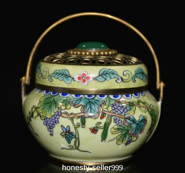 Qianlong Cloisonne Enamel Gilt Grape Insect Handle Wine Teapot Flagon Statue
