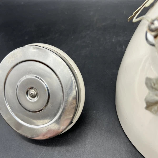 VTG Via Ancona White Enamel Whistling Tea Kettle Ivory, Green Knob Ivy Garland