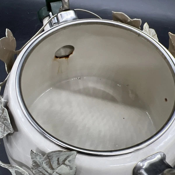 VTG Via Ancona White Enamel Whistling Tea Kettle Ivory, Green Knob Ivy Garland