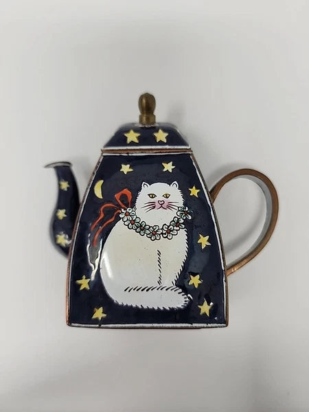 MINI ENAMEL TEA KETTLE TEAPOT KELVIN CHEN 1999 DECORATIVE CAT STARS RETIRED