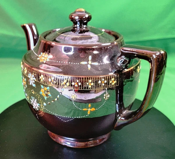 Beautiful Vtg Teapot Moriage Hand Painted Brown Glazed Pottery Occupied Japan