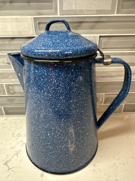 Vintage blue and white speckled enamel coffee/tea kettle 8” hiking camping RV