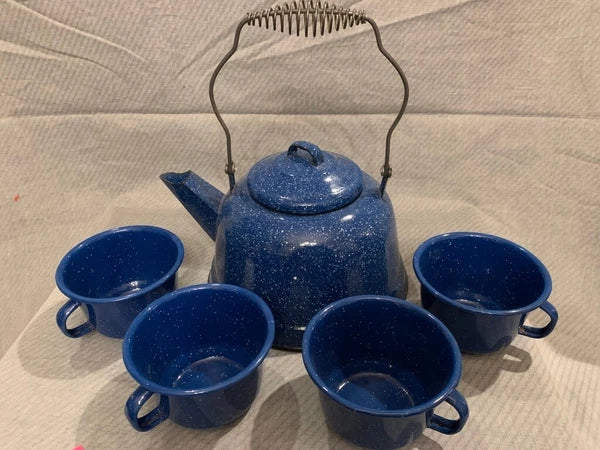 Vtg Blue Speckled ENAMEL WARE Tea Coffee Pot Wire Handle Rustic Camping & cups