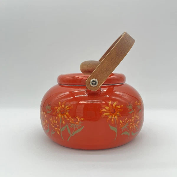 Boho Style VTG Enamel Tea Kettle Red Orange w Daisies & Teak Handle *DECOR ONLY*