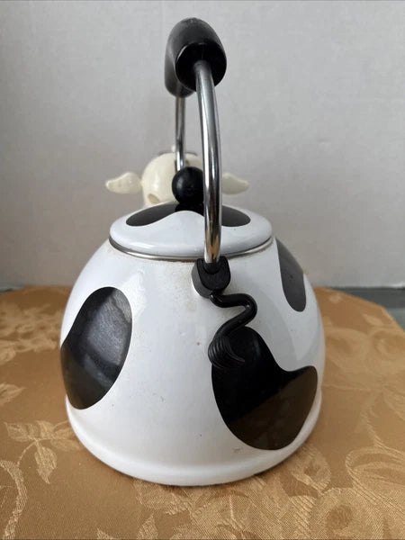Vintage MM Kamenstein Black White Cow Whistling Tea Kettle Teapot, 1992