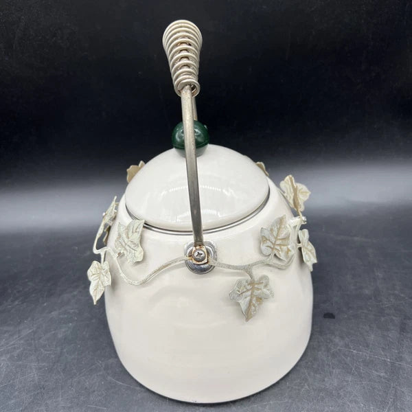 VTG Via Ancona White Enamel Whistling Tea Kettle Ivory, Green Knob Ivy Garland