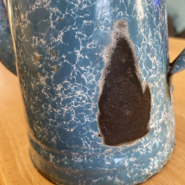 VTG Robin Egg Blue Splatter Swirl Graniteware Enamelware 6” Teapot No Lid