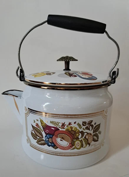 Vintage Georges Briard Enamelware "Forbidden Fruit" Tea Kettle Teapot MCM 1960's