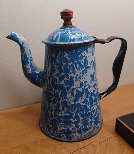 Antique Blue White Swirl Graniteware Enamelware Gooseneck Coffee Tea Pot .
