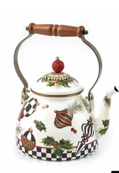 NEW MacKenzie Childs Deck the Halls Christmas Enamel Tea Kettle 2 Quart