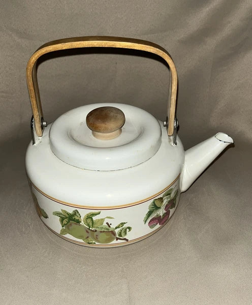 Vintage 80s Enamel Tea Kettle/ Pot With Bamboo Handle Fruit Pattern Cream Color.