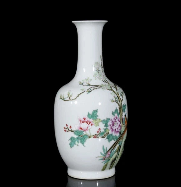 34CM Qianlong Signed Old Chinese Colour Enamel Vase W/bird N3272