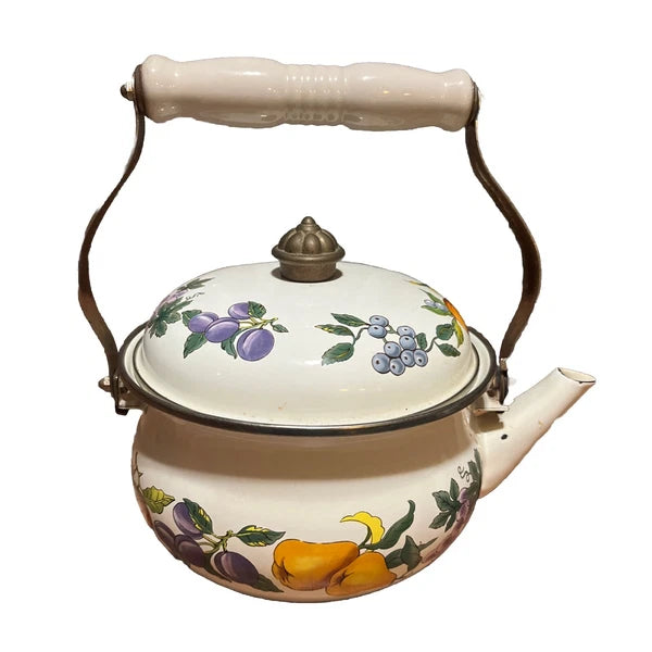 Tabletops Unlimited Essence Tea Kettle Enamel Fruit Vine Pattern Swivel Handle