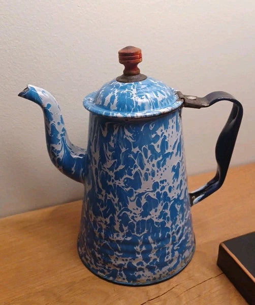 Antique Blue White Swirl Graniteware Enamelware Gooseneck Coffee Tea Pot .