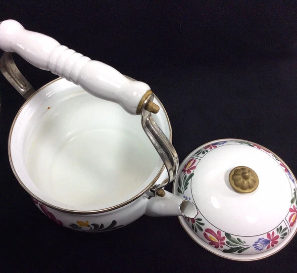 Vintage Enameled Metal Floral Teapot / Kettle Ceramic Handle + Brass Knob