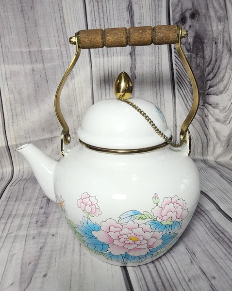 Vtg 1988 Tea Kettle Pot Enamel White Poppies Flowers Brass National Housewares