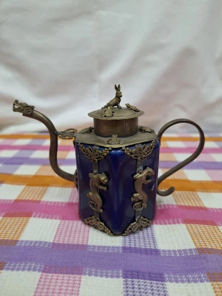 Vintag Tibetan/Chinese Brass Blue Enamel Rabbit , Tiger , Frog Teapot