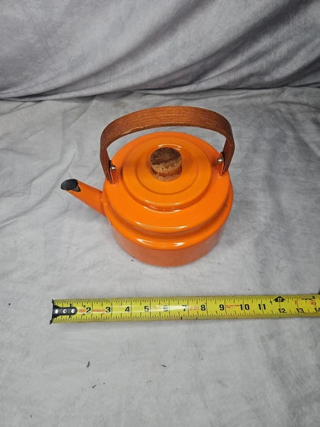 Vintage 70s Orange Enamel Tea Kettle Michael Lax Copco Teak Handle