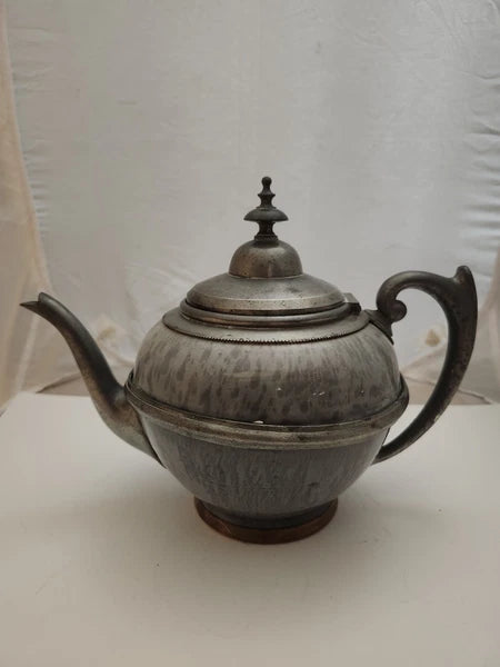 Mid 1880's Grey Graniteware Ironware Pewter & Brass Trimmed Teapot Enamel Ware