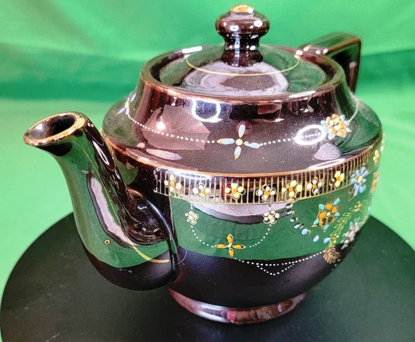 Beautiful Vtg Teapot Moriage Hand Painted Brown Glazed Pottery Occupied Japan