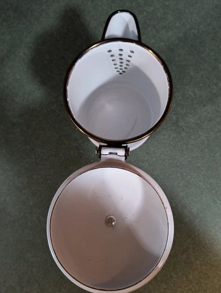 GEORGES BRIARD MCM ENAMELWARE TEA POT WHITE PINEAPPLE LEAVES STRAWBERRY BLACK